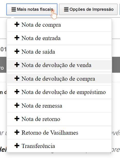 Opções de emissão de nota fiscal de devolução