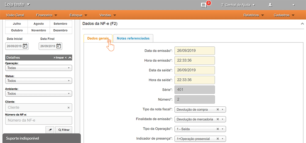 Preenchimento dos dados da nota fiscal de devolução