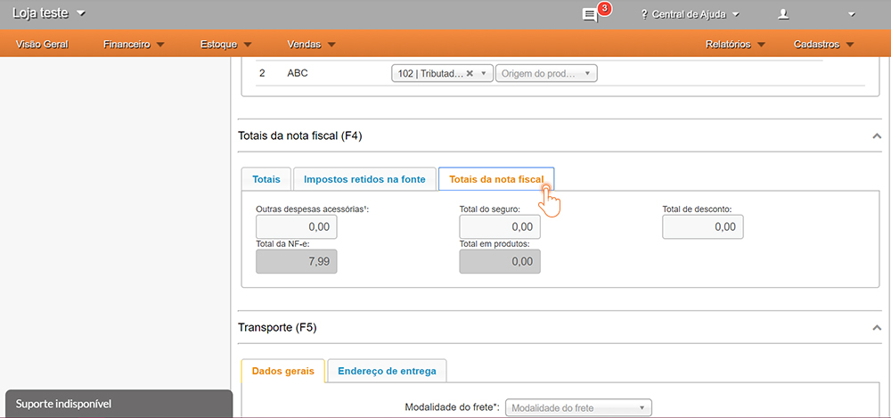 Preenchimento dos demais impostos e valor total da nota fiscal no processo de emissão de nota fiscal de devolução no sistema GranMoney